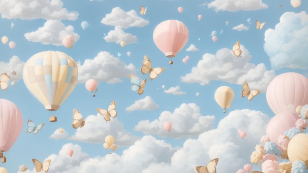 S'il vous plaît créer un motif appelé Baby Blue Concept Pastel ballons d'air nuages moelleux et papillon