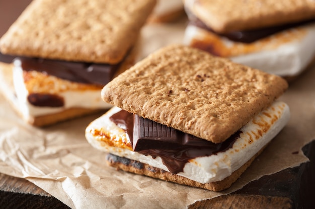 S'mores de guimauve maison avec du chocolat sur des craquelins