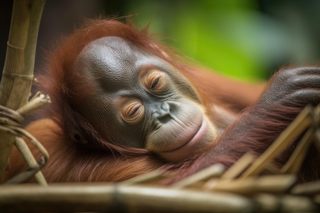 Sur sa mère un petit orang-outan sommeille