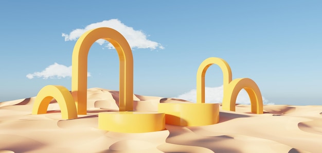 Sable abstrait de falaise de dunes avec des arches métalliques et un ciel bleu propre Fond de paysage naturel du désert minimal surréaliste Scène de désert avec un design géométrique d'arches métalliques brillantes Rendu 3D