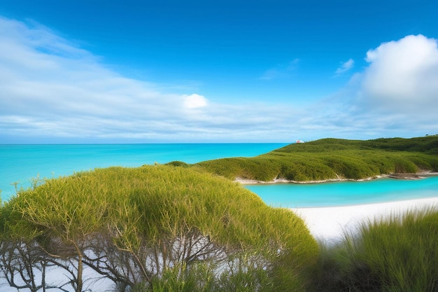 Photo le sable doré avec l'océan bleu la belle plage tropicale le sable blanc le paradis tropical la plage de fond le concept des vacances d'été l'eau de mer contre un ciel bleu blanc nuageux copier l'espace