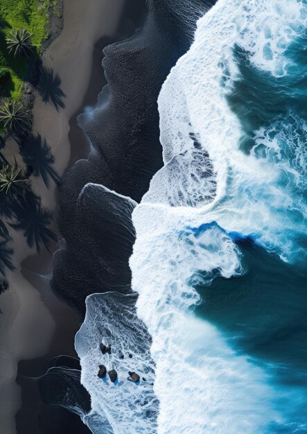 Sable noir près de la plage d'eau claire bleue destination de voyage vue aérienne fond d'écran Générative Ai