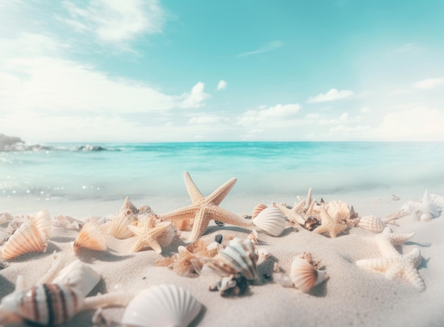 Sable de plage avec des étoiles et des coquillages Illustration AI Generative