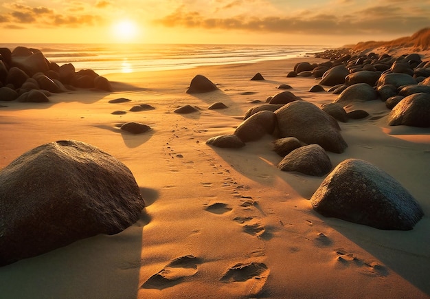 Sable et rochers sur la plage au coucher du soleil