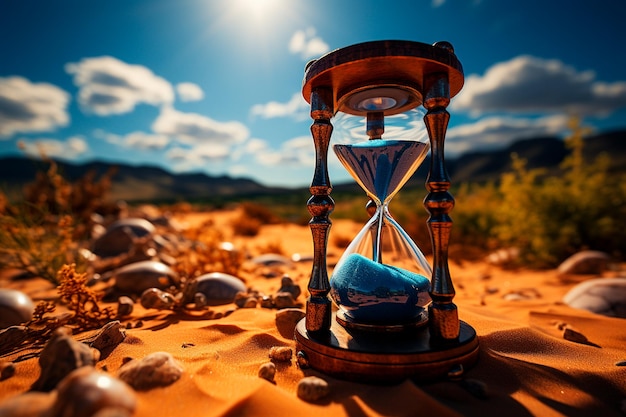 Photo sablier dans le sable contre le beau coucher de soleil arrive