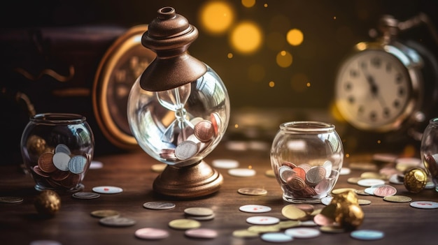 Un sablier et une pièce de monnaie sont sur une table avec une horloge et une horloge dessus.