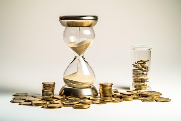 Sablier avec des pièces d'or et un verre d'eau Symbole du temps et de la richesse Le temps est un concept d'argent avec un sablier et des pièces d'or sur fond blanc généré par l'IA