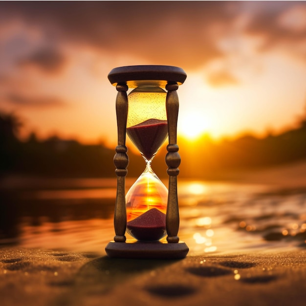 Un sablier sur la plage au coucher du soleil Image conceptuelle du temps