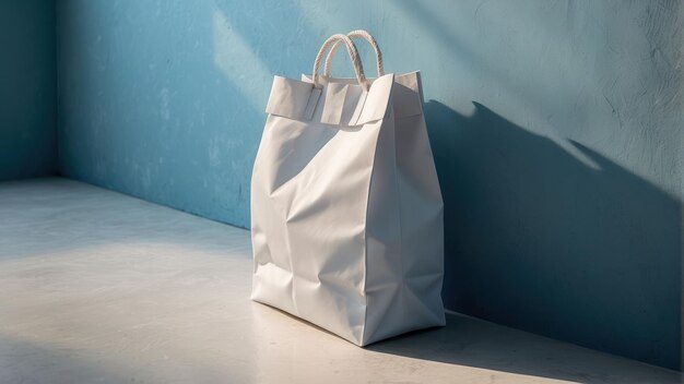 Photo un sac d'achat blanc élégant sur un fond bleu