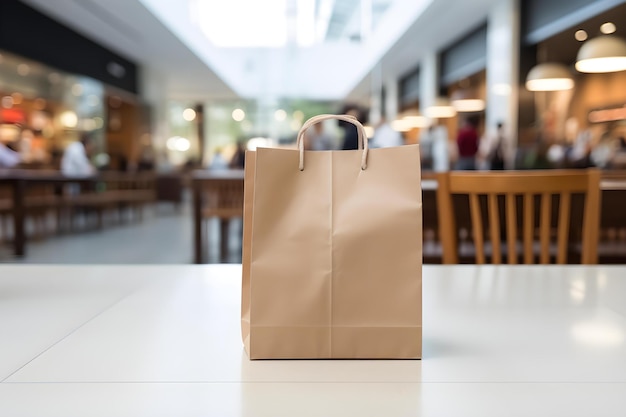 Sac d'achat élégant placé sur une table de centre commercial avec un fond flou pour une mise au point améliorée Concept Photographie de produit Réglage de centre commercial Design élégant Identité de marque Merchandising visuel