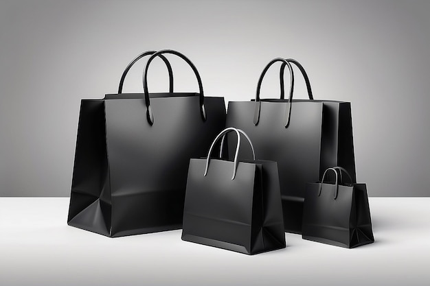 Un sac d'achat noir sans rubans de différentes tailles dans un fond de luxe gris