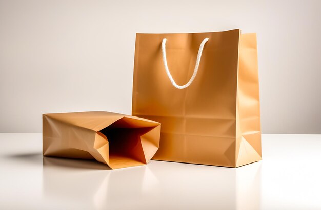 Sac d'achat en papier doré sur fond blanc Le concept de livraison de marchandises et d'emballage de produits