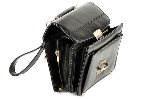 Sac D'affaires En Cuir Noir Mans Ouvert Sur Fond Blanc