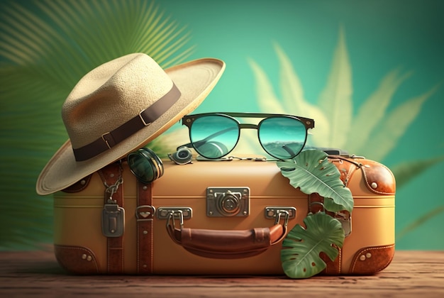 Sac à bagages avec chapeau et lunettes pour voyager avec fond de plage été photo concept générative ai