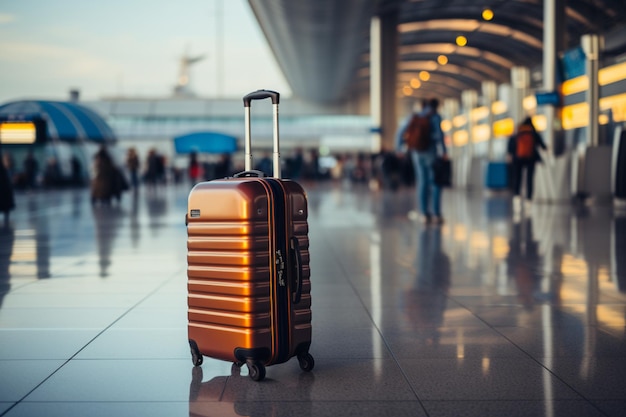 Un sac à bagages sur fond flou d'aéroport symbolisant le voyage à venir