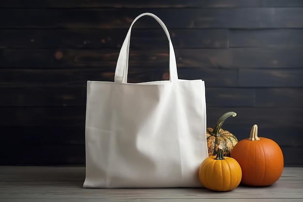 Un sac blanc avec des citrouilles sur un fond en bois.