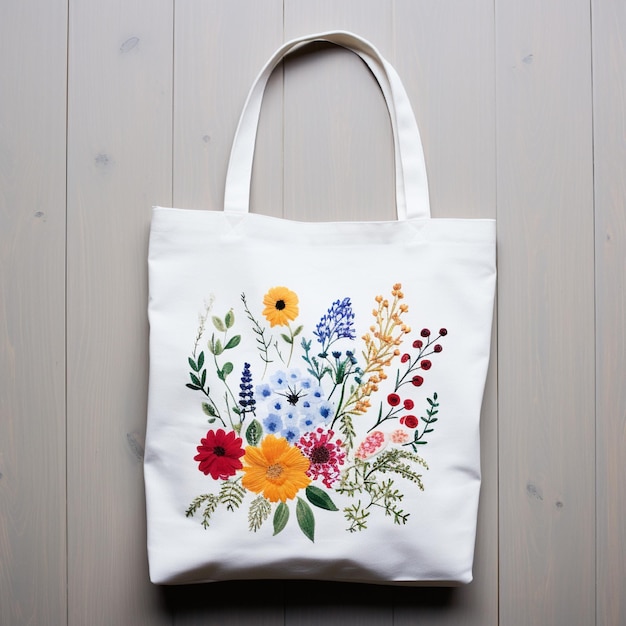 Photo un sac blanc avec des fleurs dessus.