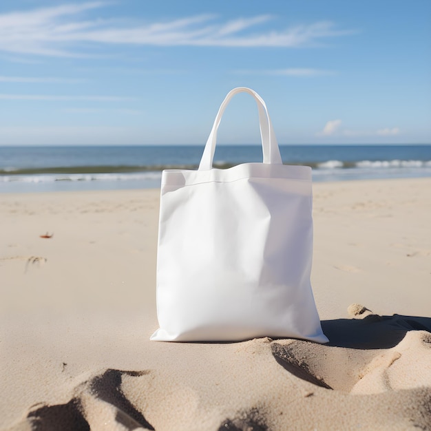 Un sac blanc sur le modèle de sable de plage