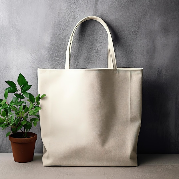 Un sac blanc avec une plante à côté et une plante sur la table.