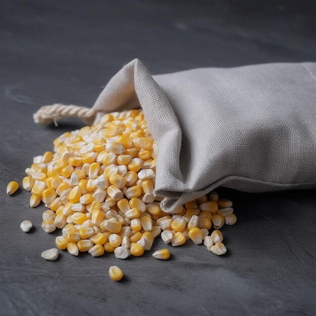 Photo un sac blanc plein de grains de maïs sur une surface grise