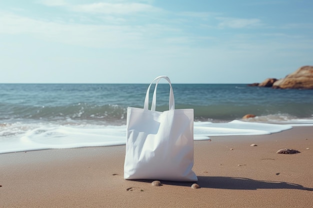 Un sac blanc avec des poignées se dresse sur la plage sur le sable Espace de mise en page du sac blanc pour le texte