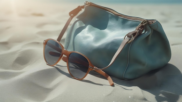 Un sac bleu sur une plage avec un sac bleu et des lunettes de soleil.