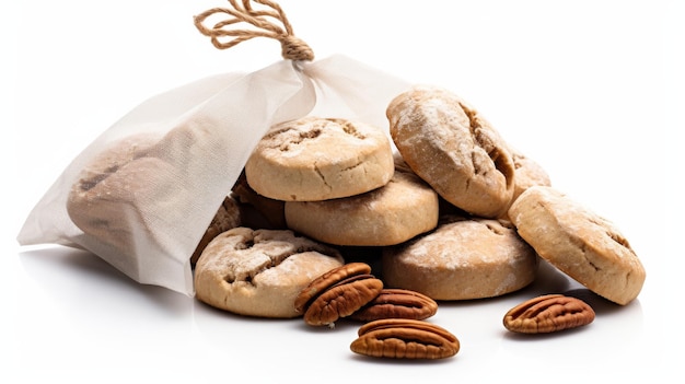 Un sac de bonbons aux noix de pécan sur fond blanc