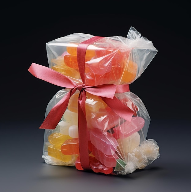 un sac de bonbons enveloppé dans du plastique avec un ruban rouge autour.