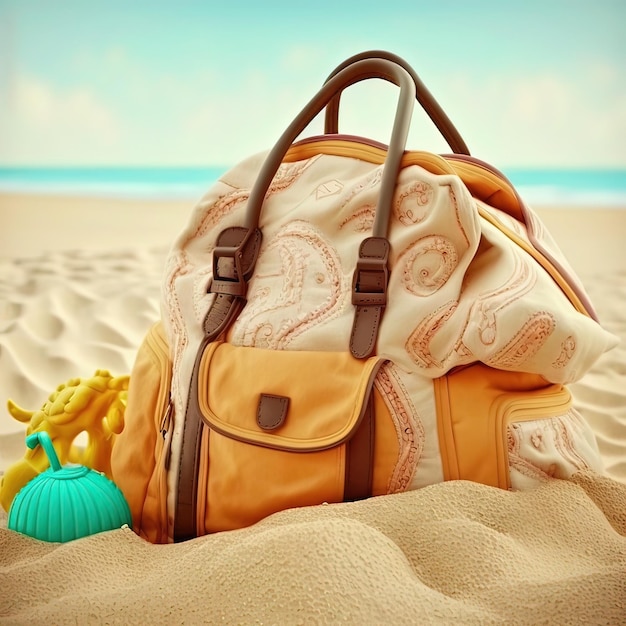 Un sac avec une boule bleue se trouve dans le sable sur une plage.