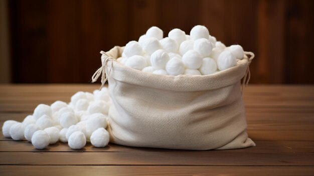 Photo un sac de boules de coton sur une table en bois