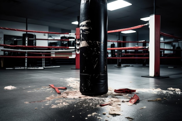 Un sac de boxe dans une salle de sport après un coup