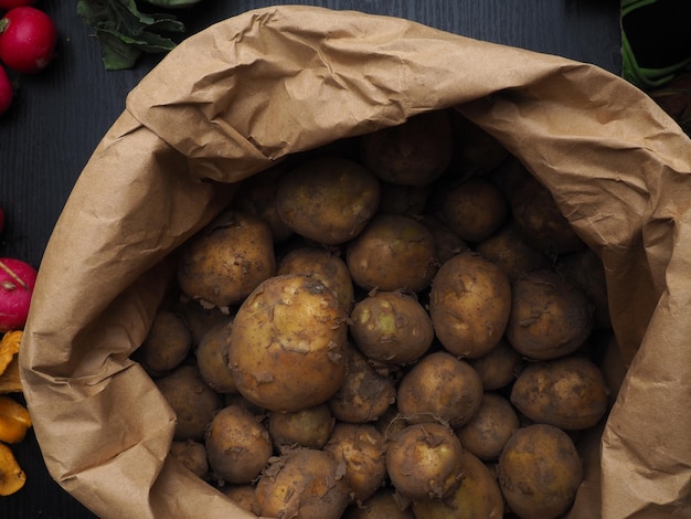 Un sac brun de pommes de terre avec le mot pomme de terre dessus