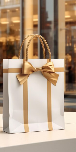 Photo un sac cadeau blanc et doré avec un nœud doré parfait pour toute occasion peut être utilisé pour les cadeaux ou comme élément décoratif pour les événements et les célébrations