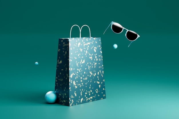 Un sac cadeau à côté duquel des lunettes de soleil sur fond turquoise rendent 3D