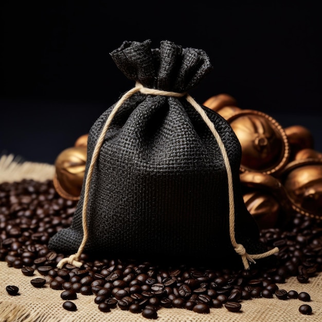 Sac à café avec des grains de café sur une surface propre Studio shot