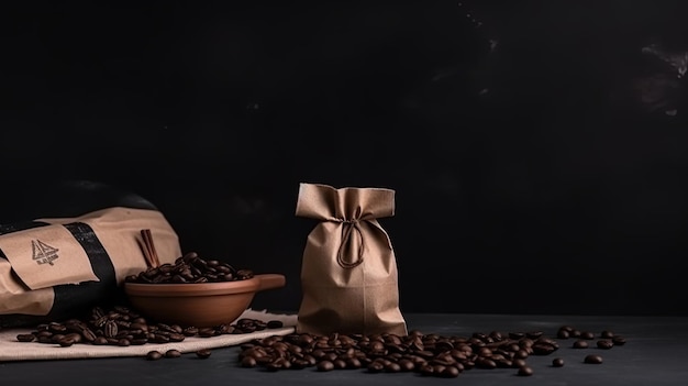 Sac de café vierge sac en papier kraft brun avec des grains de café