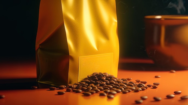 Sac de café vierge sac en papier kraft brun avec des grains de café