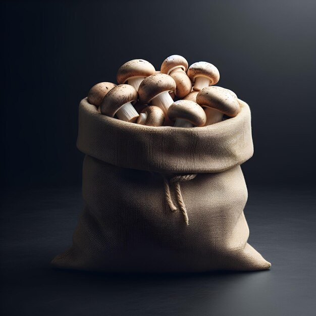 Un sac de champignons sur une table.