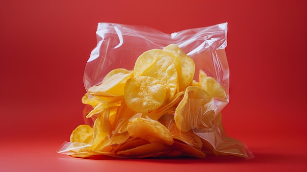 Un sac de chips de pommes de terre sur un fond rouge