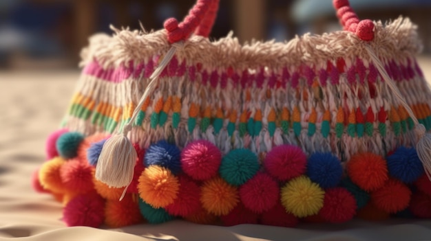 Un sac coloré avec un pompon qui dit "maya" dessus