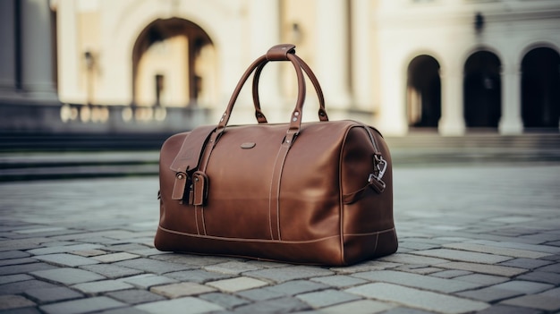 Un sac en cuir brun sur la rue Cobblestone