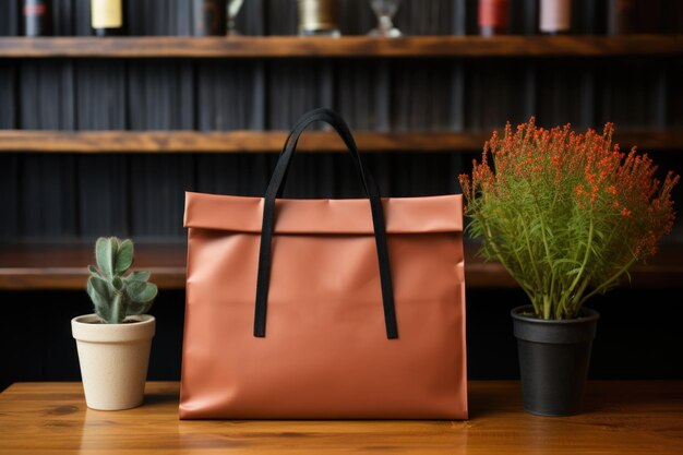 Un sac en cuir orange sur une table en bois avec des plantes d'intérieur