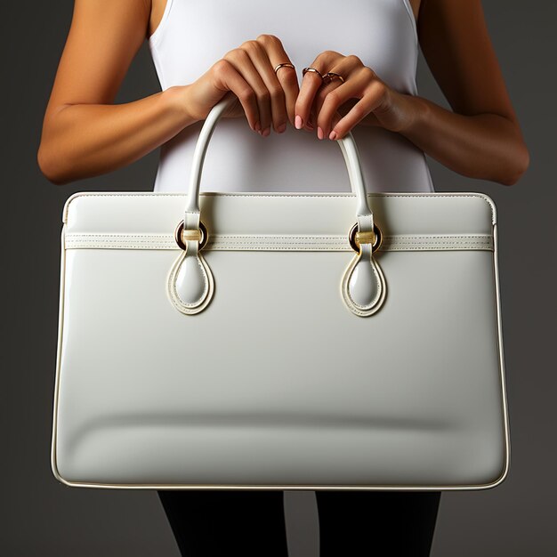 Photo un sac à dos blanc blanc avec une poignée en forme de maquette. vue rapprochée d'une femme tenant un sac près d'un mur gris.