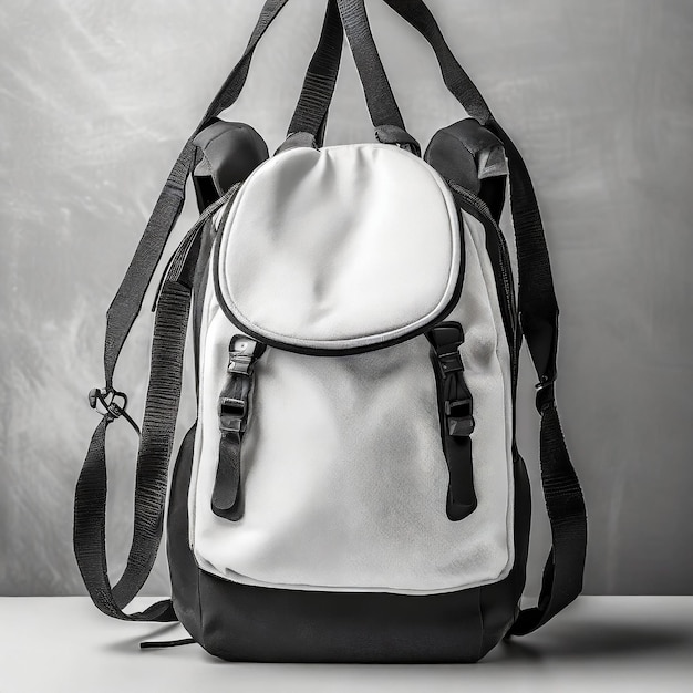 Sac à dos blanc et noir sur une corde Modèle de sac sportif sur fond blanc