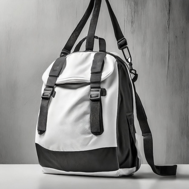 Sac à dos blanc et noir sur une corde Modèle de sac sportif sur fond blanc