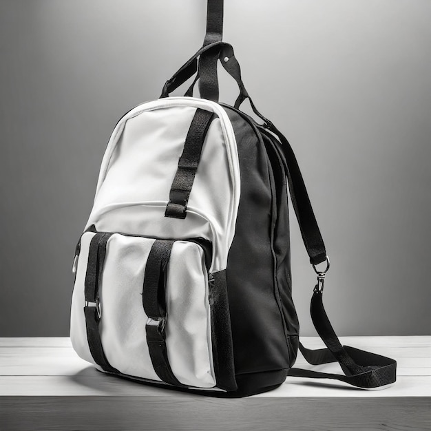 Sac à dos blanc et noir sur une corde Modèle de sac sportif sur fond blanc