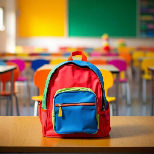 Un sac à dos bleu assis sur une table en bois