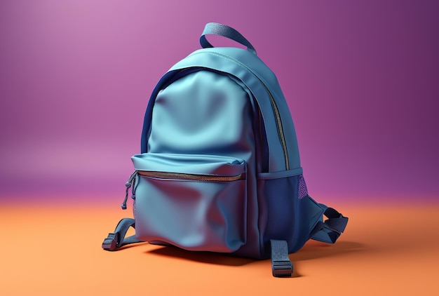 Un sac à dos bleu est sur fond orange et violet