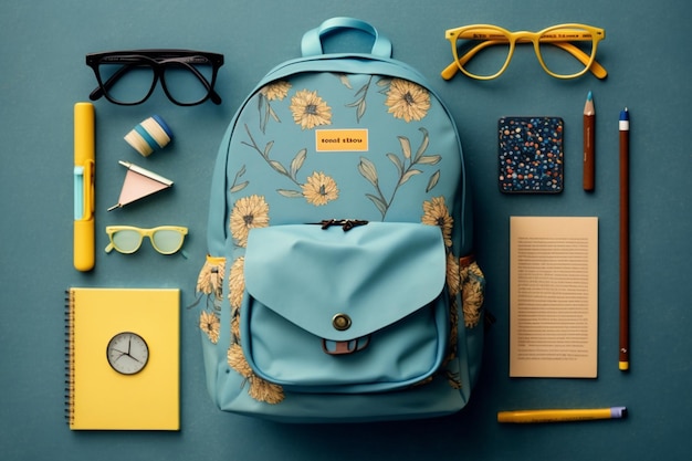 Un sac à dos bleu avec un imprimé fleuri et une horloge jaune sur la table