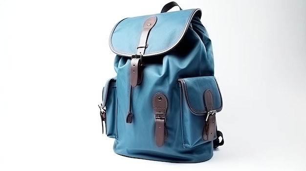 Photo un sac à dos bleu avec des lanières en cuir marron et une lanière en cuir marron.